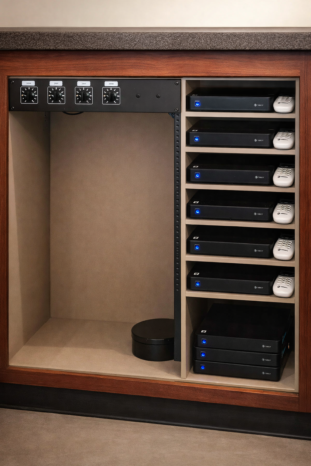 Organized audio equipment setup on cabinet - Trident-AV
